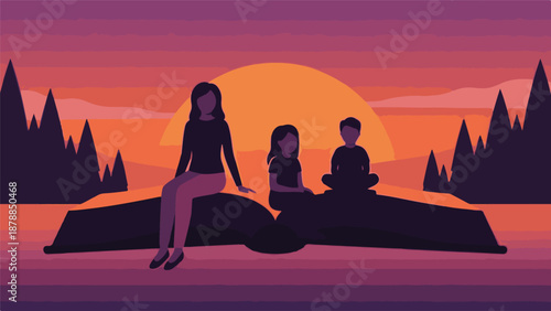 Silhouettes of a mother and children reading on an open book at sunset.