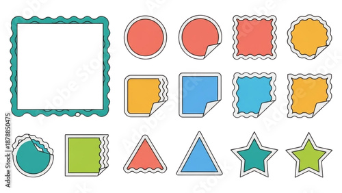 Collection of assorted colorful shapes and frames on a clean background