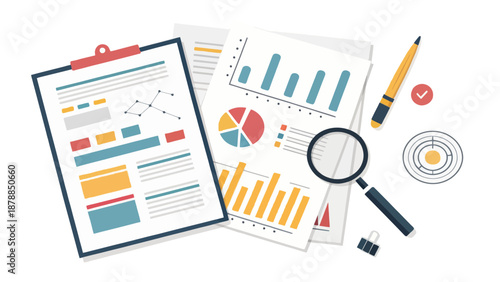 Business Data Analysis Report with Charts and Magnifying Glass
