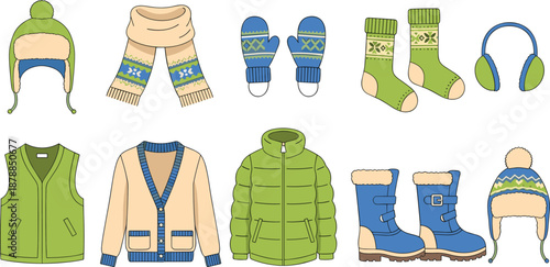 Winter clothing icon set with hats, scarves, mittens, jackets, boots vector illustration, editable design, isolated seasonal apparel symbols