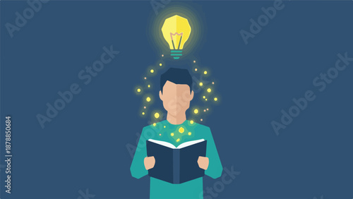 Person reading book with glowing particles and an idea lightbulb