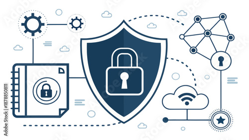 Digital Shield with Lock Represents Cybersecurity Protection