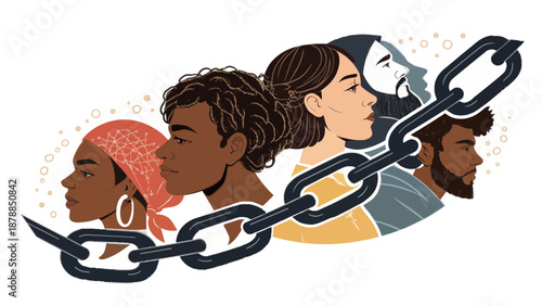 Diverse Group of People Linked by Chain Symbolizing Unity