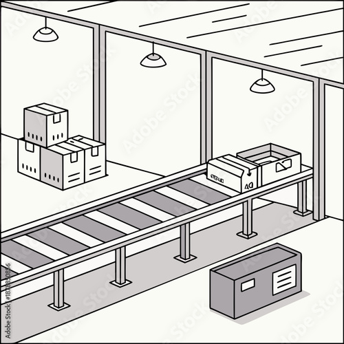 Warehouse conveyor belt with boxes