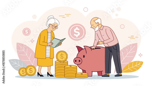 Elderly Couple Planning Retirement Savings with Piggy Bank