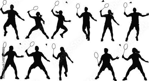 Black silhouettes of professional male and female badminton players in various athletic action poses hitting shuttlecocks isolated on white background for sports competition and fitness