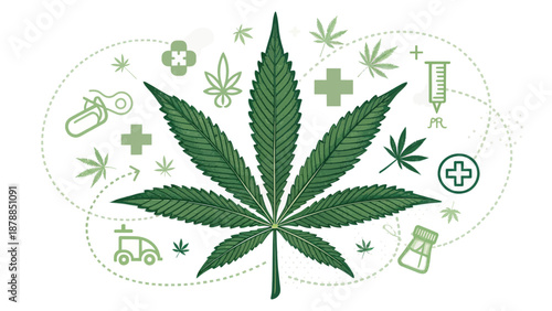 Medical Cannabis Leaf Vector Illustration with Healthcare Icons