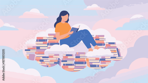Imaginative reading: Woman on clouds of books in a pastel sky.