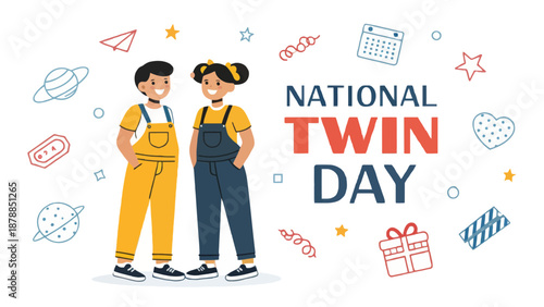National Twin Day celebration with happy children and festive elements