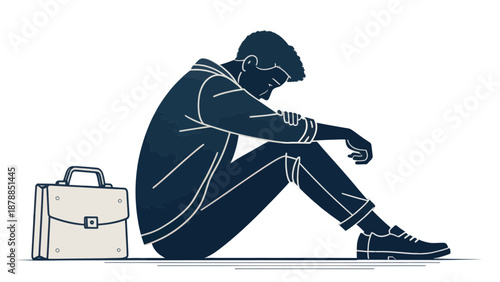 Sad man sitting on ground with briefcase nearby