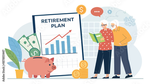 Senior couple planning retirement finances with charts and savings
