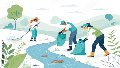 Volunteers Cleaning a River Scene