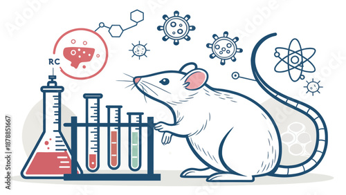 White lab mouse with test tubes and viruses