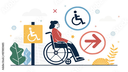 Woman in Wheelchair with Accessibility Signs