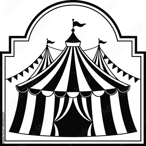 Classic black and white striped circus big top tent with flags and bunting in a decorative frame