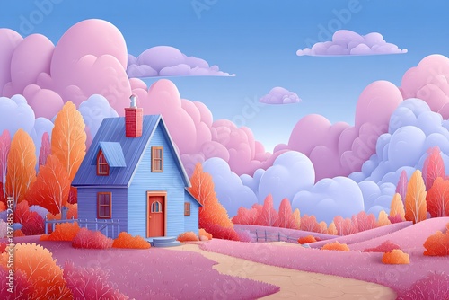 Landscape featuring a small blue house surrounded by pink trees and colorful clouds on a sunny day