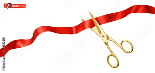 Vector realistic illustration of scissors cutting a red ribbon on a white background.