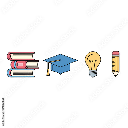 Books Graduation Cap Light Bulb Pencil Education.