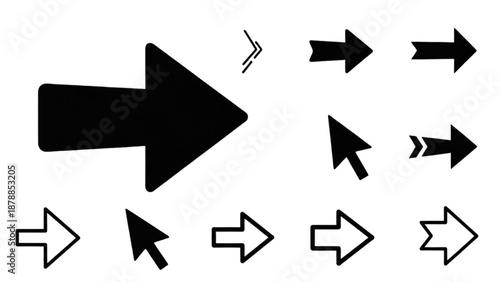 Collection of various black and white arrow and cursor icons on a plain background from a straightforward viewpoint
