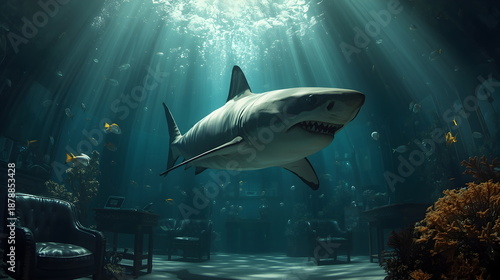 Wallpaper Mural Cinematic Great White Shark Swimming in Deep Ocean with Sun Rays Torontodigital.ca