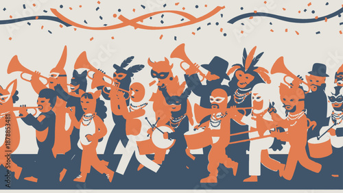 Vibrant illustration of people dancing and playing musical instruments together.