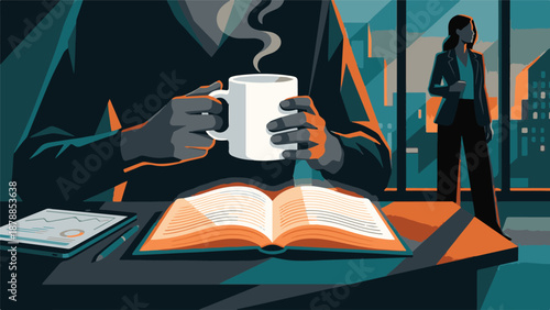 Business professional enjoying coffee and reading with city view in office