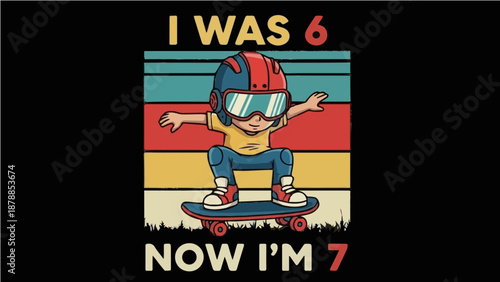 I Was 6 Now I'm 7 - Skateboarder Boy 7th Birthday Retro Sunset Illustration for Kids T-shirt