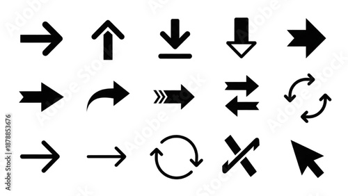 Collection of black navigation icons and arrows on a plain surface viewed from directly above