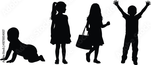 Children silhouettes, boys and girls in playful poses, isolated on white background, perfect for education, family, illustration, and vector design