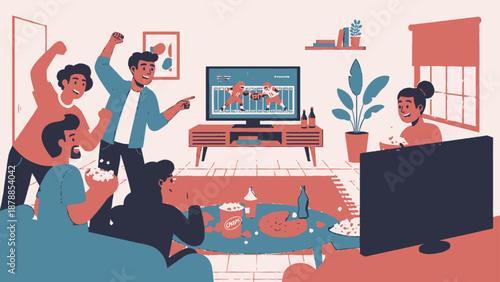 Group of friends watching sports on television together at home.