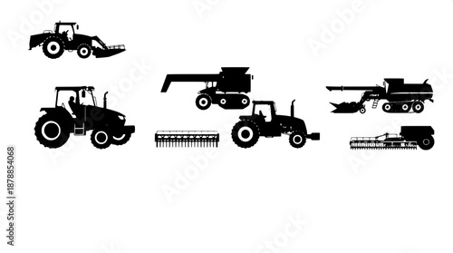 Simple flat black farming machinery illustration with clean edges and minimal details, featuring heavy equipment silhouettes of tractors, plows, and harvesters, set against a pristine isolated white b