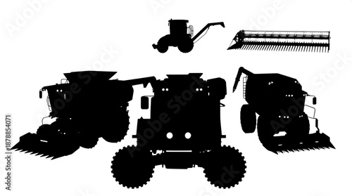 Simple flat black farming machinery illustration with clean edges and minimal details, featuring heavy equipment silhouettes of tractors, plows, and harvesters, set against a pristine isolated white b