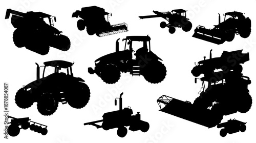 Simple flat black farming machinery illustration with clean edges and minimal details, featuring heavy equipment silhouettes of tractors, plows, and harvesters, set against a pristine isolated white b