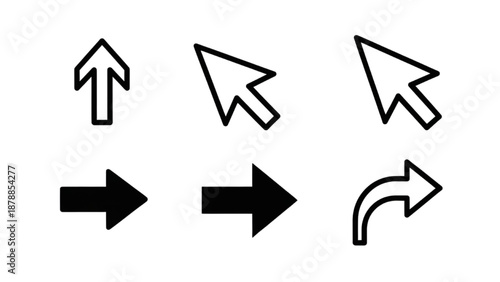 Collection of simple black arrow icons and mouse cursors on a plain background from a straightforward viewpoint