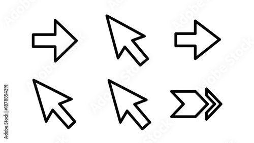 Set of simple black line arrows and mouse pointers on a clean white space