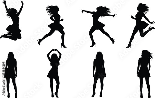 Dynamic female dancer silhouettes, jumping and posing in high heels, modern fashion figures isolated on white background vectorDynamic female dancer 