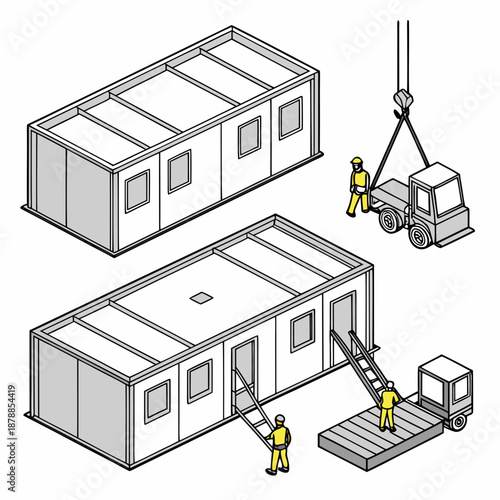 Prefabricated Shift Building Assembly Stages on White Background
