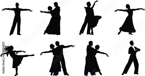 Elegant ballroom dance silhouettes, male and female couples performing romantic tango and waltz poses isolated on white background vector illustration set