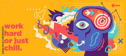 A conceptual illustration with human's head and colorful abstract shapes. Vector illustration.