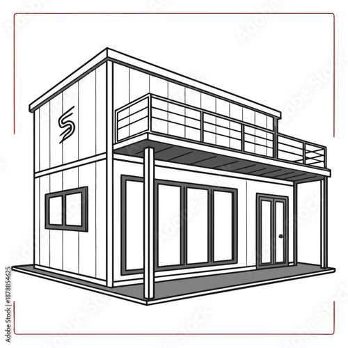 Modern temporary commercial building unit for adaptable retail or exhibition spaces.