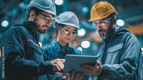 Team Collaboration in the Workshop: In a workshop setting, a dedicated team of engineers huddle together, intently reviewing a digital tablet.