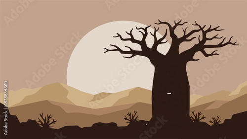 Minimalist African desert landscape with baobab tree silhouette and large moon