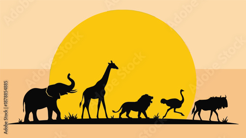 African Safari Wildlife Silhouettes Against Golden Sunset Landscape