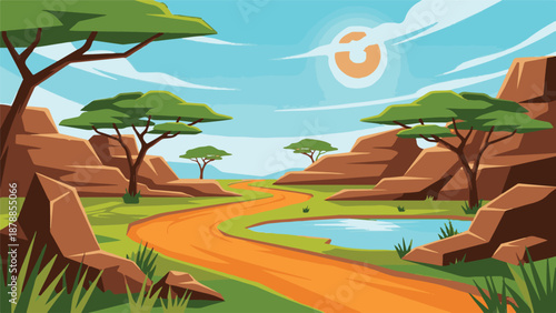 Vibrant cartoon savanna landscape with acacia trees, rocky hills, and winding path