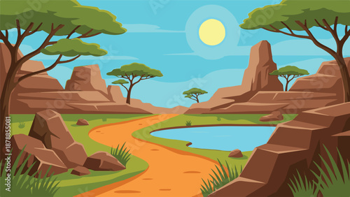 Sunny Cartoon Savanna Landscape with Rocky Hills, Trees, Pond, and Path
