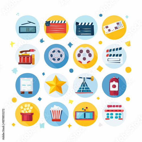 Vibrant cinema and film vector illustration showcasing movie making related icons