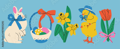 Various Easter symbols set. Cute bunny or fluffy rabbit, basket full of colorful eggs, cute chicks with hat, tulip, narcissus, ribbon bow. Hand drawn Vector illustration. Isolated design elements