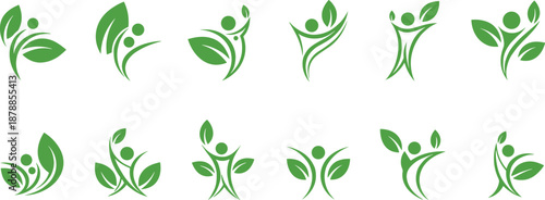 Green leaf human logos, eco friendly wellness symbols collection, isolated on white background, perfect for organic, health, sustainability, branding, illustration, and vector design