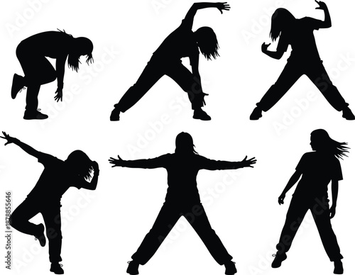 Hip hop dancer silhouettes, powerful women performing street dance moves, isolated on white background, ideal for urban, music, fitness, illustration, and vector design