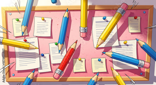 Cartoon illustration of pencils and notes pinned to a bulletin board ai generated